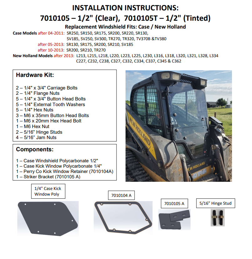 New Holland L&C Series Windshield w/ Half Frame & Kick Window - TPC